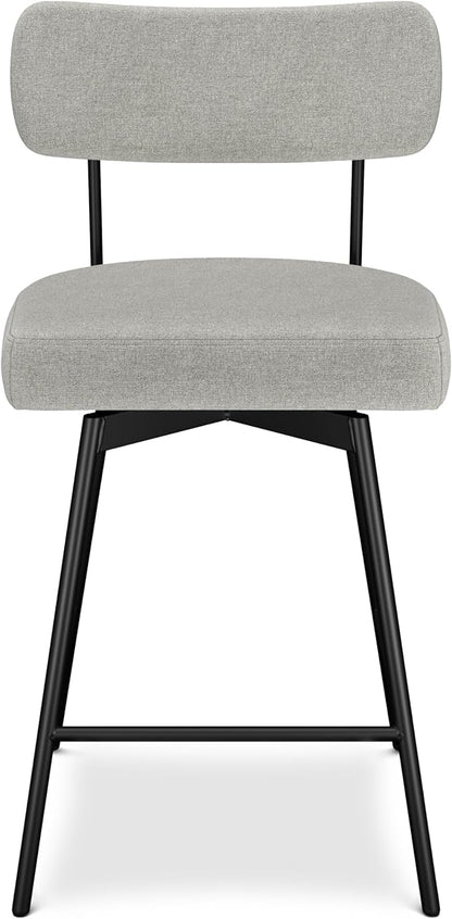 SIMPLIHOME Giselle Counter Stools (Set of 2) - 24 Inch Seat Height Swivel Upholstered Metal Kitchen Stools in Light Grey Polyester Linen, Contemporary Modern Seating with Padded Seat and Backrest