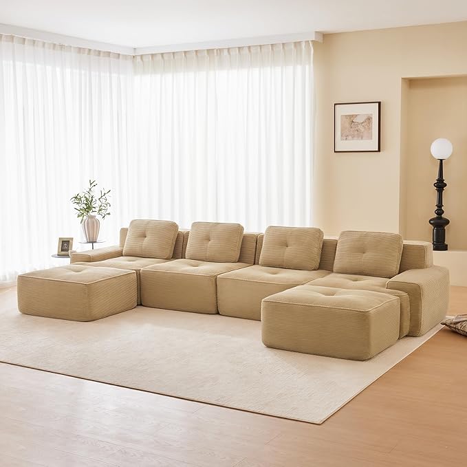 150.4” Camel Boneless Couches for Living Room, Modular Sectional Sofa with U-Shape Chaise, 4 Seater Comfy Upholstered Deep Seat Corduroy Fabric Cloud Couch No Assembly, Anti-Slip Design