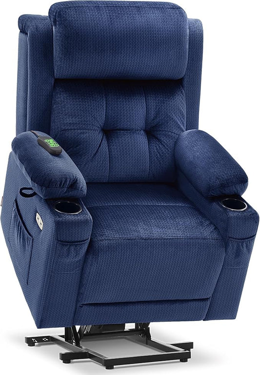 MCombo Large Triple Motor Power Lift Recliner Chair with Massage and Heat for Elderly People, Adjustable Headrest, Infinite Position, USB Ports, Fabric 7662 (Navy Blue, Large)