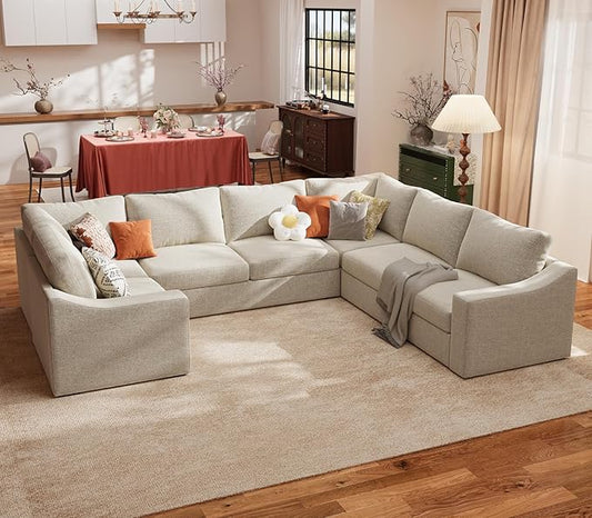 ABCASA Oversized 136" Modular Sectional Sofa, Deep Seat U Shaped Couches for Living Room, Breathable Linen Fabric Corner Couch, Easy to Assemble, Oatmeal