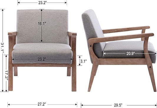 Mid Century Modern Accent Chair Set of 2, Linen Upholstered Living Room Accent Armchair with Wood Frame, Farmhouse Chair for Living Room Bedroom, Gray
