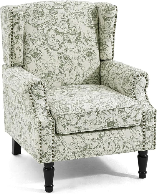 Wingback Accent Chair, High Back Upholstered Armchair, Printed Fabric Wingback Arms Chairs with Wood Legs, Single Sofa Reading Chair for Bedroom Living Room, Green Pattern