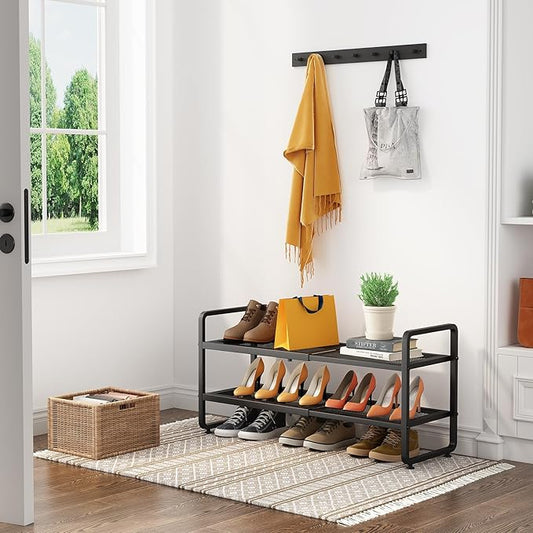 SNTD Shoe Rack - Expandable Shoe Organizer for Closet, Adjustable Metal Shoe Shelf Storage, Stackable Long Shoe Stand Holder for Garage, Entryway, Door Entrance (Black, 2-Tier)