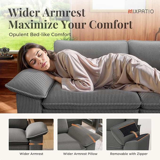 123-Inch L Shaped Sectional Sofa with Cloud Cushions, Deep Seat Modular Couch Set w/ 4 Seats & 1 Ottomans, Removable Arms, Plush Corduroy Upholstery for Living Room, Apartment - Gray