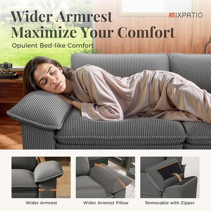 123-Inch L Shaped Sectional Sofa with Cloud Cushions, Deep Seat Modular Couch Set w/ 4 Seats & 1 Ottomans, Removable Arms, Plush Corduroy Upholstery for Living Room, Apartment - Gray