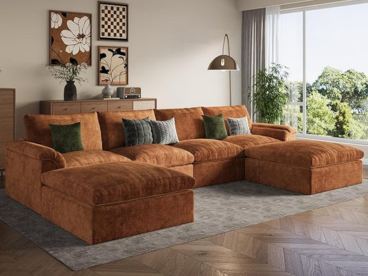 EASE MOOSE Boneless Modular Cloud Couch, U-Shaped Oversized Sectional Sofa for Living Room with Ottoman, Extra Large Movable Couches, 6-Deep-Seat Sofas for Bedroom, Apartment, Chenille (Brown)