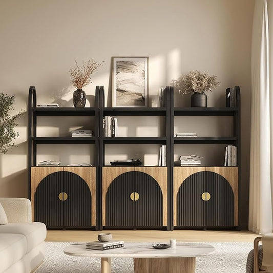 BELLEZE Book Shelf 72" Tall Arched Bookcase with Storage, 5 Tier Mid Century Modern Fluted Bookshelf with Doors, Modular Bookshelves for Living Room Office Library, Set of 3 (Camel)