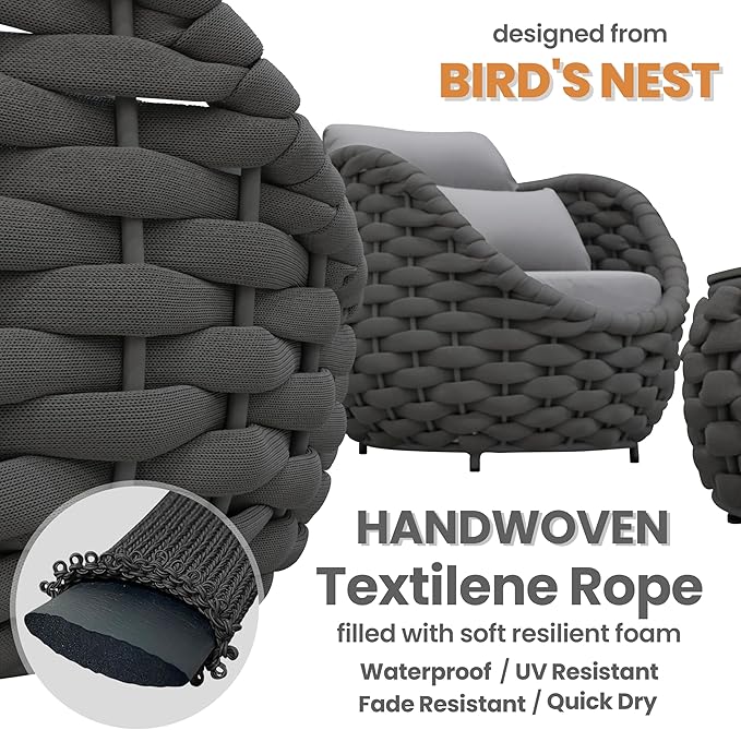 Woven Rope Patio Furniture Set: 4 Pieces Aluminum Outdoor Conversation Sofa Set Assembled - Modern Deck Couch Set Cushioned - All Weather Metal Porch Seating for 5 Person Garden Pool Yard Hotel