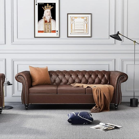 Chesterfield 3 Seater Sofa, Modern Leather Tufted Couch 3 Seater with Rolled Arms and Nailhead Mid-Century Upholstered Couch for Living Room, Bedroom, Apartment and Office, Brown