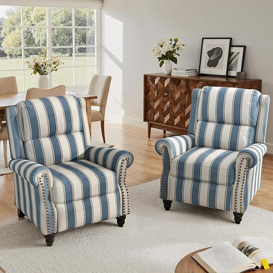 Lumibee Recliner Chairs, 2 Set Pushback Armchairs for Small Spaces,Adjustable Backrest & Footrest Accent Chairs in Comfy Fabric for Living Room, Bedroom-Striple Navy