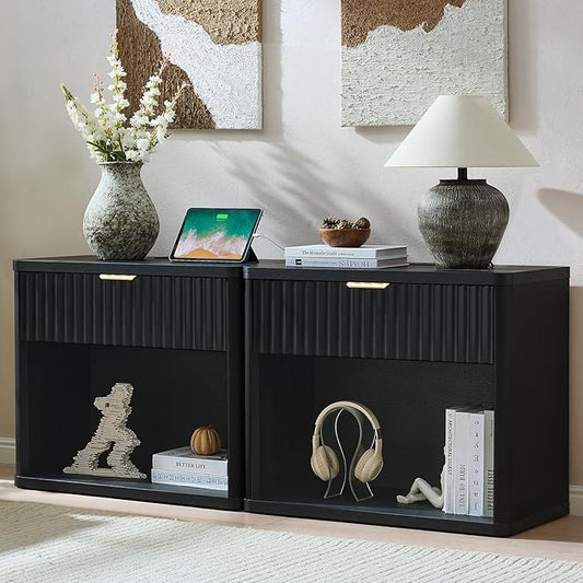 LEYAOYAO 31" Wide Fluted Nightstand Set of 2 with Charging Station, Oversized Extra Large 1 Drawer Night Stand with Golden Handle, Black Wood Bedside Table Tall End Tables,for Bedroom, Living Room