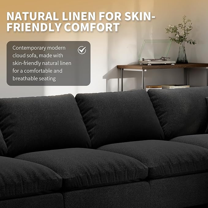 Modern Sectional Linen Cloud Couch for Living Room L Shape Modular Filled-Down Sofas,Detachable Couch Cushion Covers,Cozy Feather Down Sofa for Apartment Black