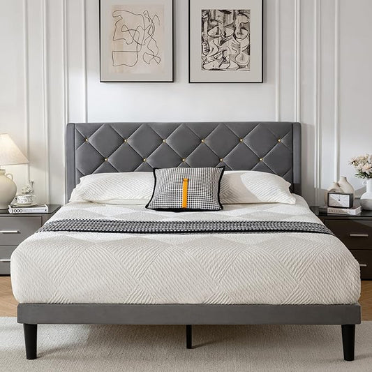 Full Size Platform Bed Frame with Velvet Upholstered Headboard and Sturdy Wooden Slats Support,Mattress Foundation，Easy Assembly, No Box Spring Needed,Slip Resistant (Grey, Full)