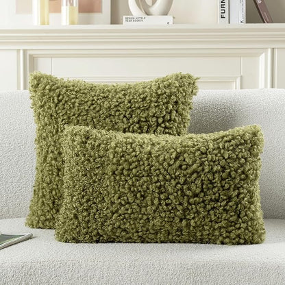 FUTEI Olive Green Decorative Throw Pillow Covers 16x16 Inch Set of 2,Soft Fluffy Faux Wool Fur Boucle Textured Cushion Case,Modern Home Decor for Couch Bed Living Room Office