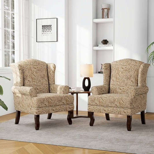 Accent Chair Set of 2, High Back Upholstered Armchair with High Resilience Sponge & Wood Legs, Mid-Century Modern Comfy Single Sofa Reading Chairs for Living Room, Bedroom-Floral Light Brown