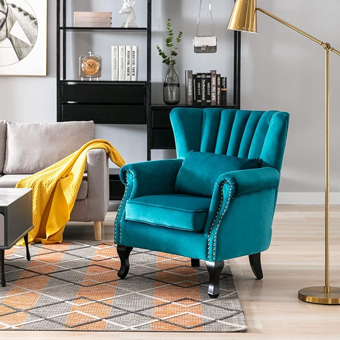 Accent Reading Arm Chairs Set of 2 Midcentury Modern Comfy Corner Sofa Chair, Wingback Waiting Room Club Chair with Tufted Back for Living Room/Bedroom/Reception Room, Velvet Teal