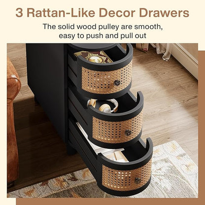 Tribesigns Solid Wood End Table, 3-Drawer Rattan Side Table, Night Stand with 3 Rattan Drawers and Exquisite Embossed Handles for Living Room, No Assembly Required (Black & Oak, 1PC)
