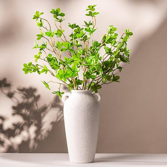 12 Inch Tall White Ceramic Vase, with 5 Branches of 25 Inch Faux Artificial Vibrant Greenery Stems Set, Textured Minimalist Jug, Fake Stem Plants, Decorative Farmhouse, Console Table Centerpiece Decor