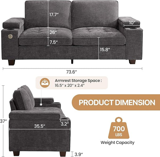 74" Loveseat Couch for Living Room,Modern Chenille Upholstered Sofa with Adjustable Storage Armrest Cup Holders,USB & Type-C Ports,Solid Wood 2-Seater Loveseat Sofa for Apartment(Deep Gray)