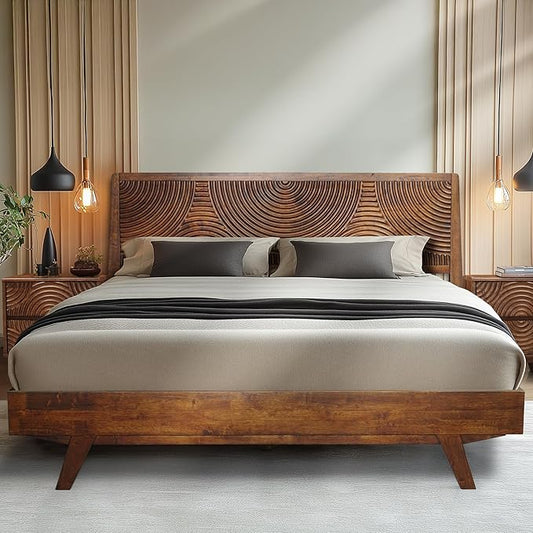 Acacia Harmony King Platform Bed Frame – Solid Rubber Wood, Walnut Finish, Mid-Century Modern Design, Natural Circular Wood Grain, 800lbs Support, No Box Spring Required, Easy Assembly