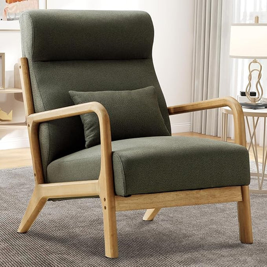 Accent Chair Mid Century Modern Chair Linen Fabric Living Room Chairs with Solid Wood Frame Comfy Upholstered and Lumbar Pillow Reading Side Chair Easy Assembly for Bedroom (1, Green)
