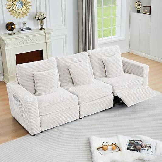 ORRD Power Reclining Sectional Sofa, Electric 3 Seat Recliner with 1 Electric Footrest and Adjustable Headrest, Modern Plush Corduroy Fluffy Reclining Sectional with Deep Seat for Living Room-White