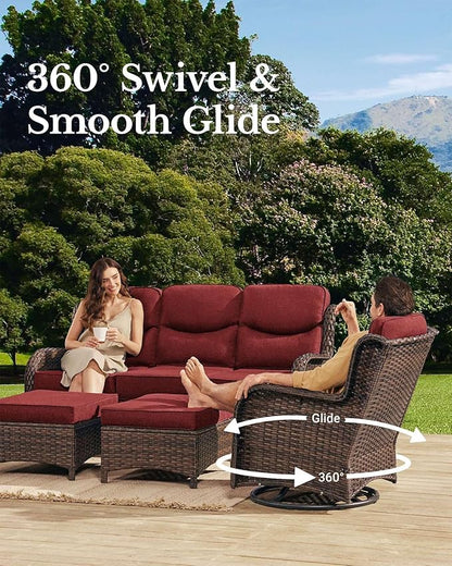 HILLGA Luxury Patio Furniture Set with 6-Inch Thick Cushions, High Back Outdoor Swivel Rocker Chairs and Patio Couch, 13-Piece All Weather Conversation Set for Porch Deck Pool Yard, Burgundy (V3)