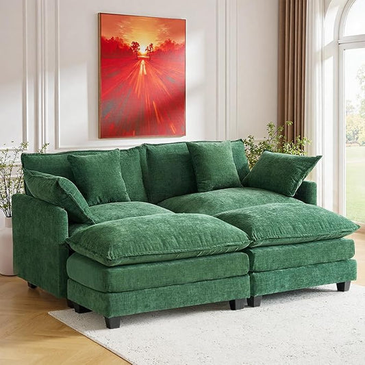 Expandable L-Shaped Sectional Sofa with Ottoman for Apartments, 77" Cloud Chenille Sofa, Create a U-Shape Layout with Optional 2nd Ottoman, Solid Wood Frame, Easy Assembly