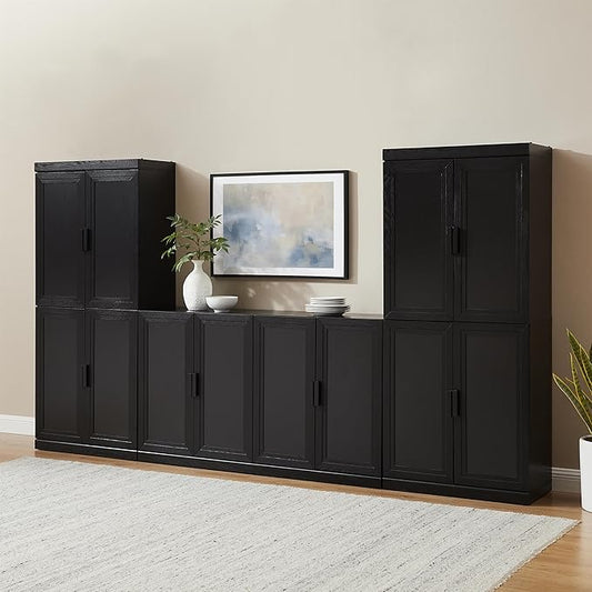 Crosley Furniture Essen 3-Piece Modern Sideboard Buffet Cabinet and Kitchen Storage Pantry Set, Black