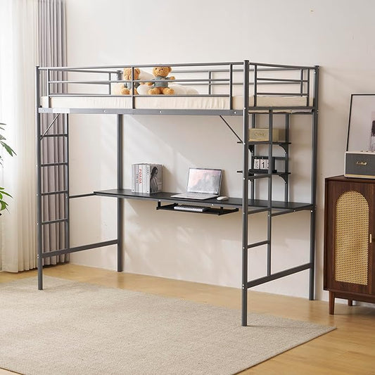 Karl home Twin Loft Bed with Desk and Storage Shelvs,Twin Bunk Bed with Desk for Kids Teens Adults, Saving Space,No Box Spring Needed, Non-Noice, Grey