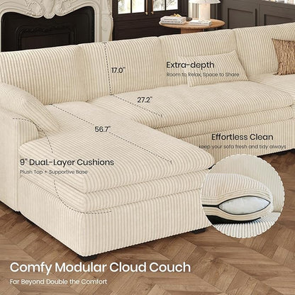 Belffin Large Modular Sectional Sofa with Double Deep Chaise and Loveseat, Corduroy U Shape Couch with 9" Soft Dual-Layer 9 Seats Cushion for Living Room, Apartment, Beige