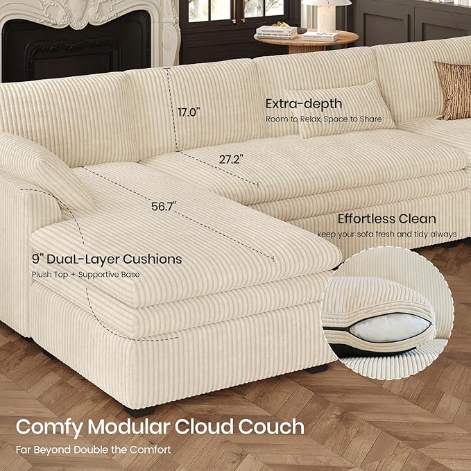 Belffin Large Modular Sectional Sofa with Deep Chaise, 104" Corduroy L Shaped Couch with 9" Soft Dual-Layer Seats Cushion for Living Room, Apartment, Beige