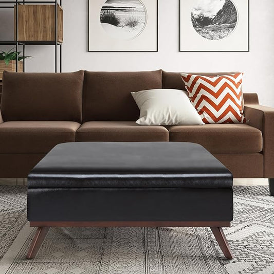 SIMPLIHOME Owen 36 inch Wide Mid Century Modern Square Coffee Table Storage Ottoman in Tanners Brown Vegan Faux Leather, Assembled, for the Living Room, Entryway and Family Room