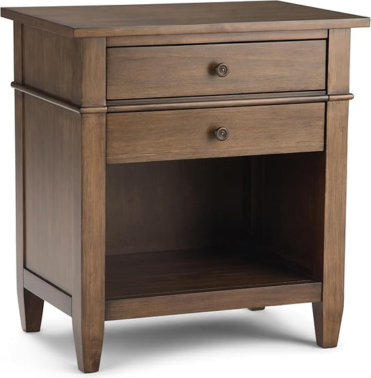 SIMPLIHOME Carlton Bedside Table - 24 inch Wide Solid Wood Nightstand Table in Rustic Natural Aged Brown, Transitional Bedroom Side or End Table with 2 Drawers, Open Storage Shelf and Bronze Hardware