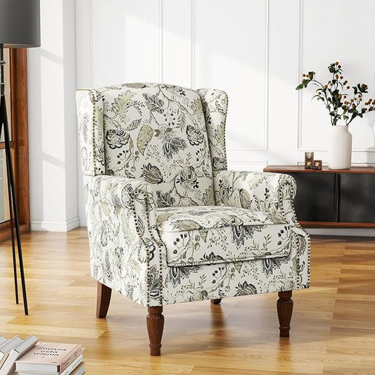 UIXE High Back Floral Accent Chair, Fabric Upholstered Armchair for Living Room, Retro Printed Wingback Arm Chair Nailhead Trim Single Sofa Bedroom Reading Seat - Beige Plants