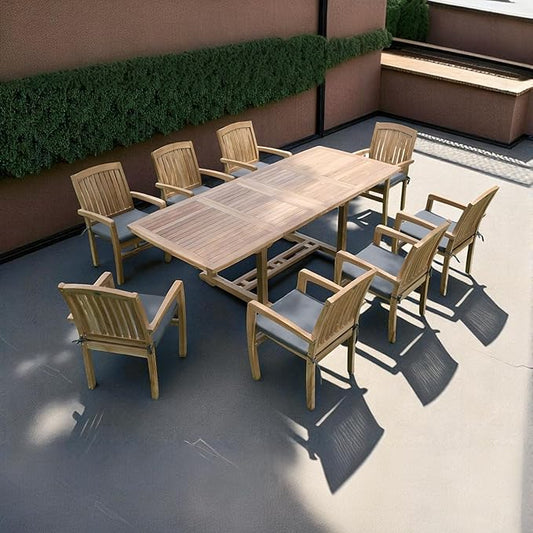 Grade-A Teak Outdoor Dining Set-95"X40" 9 Pieces | Rectangle Double Extension Table & 8 Java Arm Chairs | Wooden Outdoor Seating for Garden Fine Sanded, Natural Finish