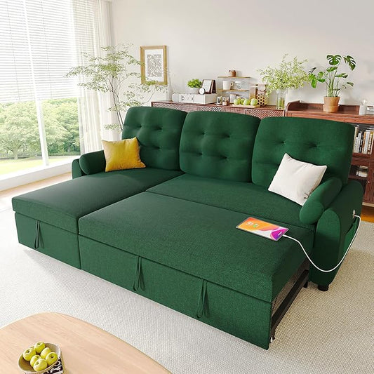 Ucloveria Sleeper Sofa Bed, 86" Convertible Sectional Sofa Couches for Living Room, Pull Out Couch Bed with Reversible Storage Chaise | USB Ports | Side Pockets | Removable Backrest