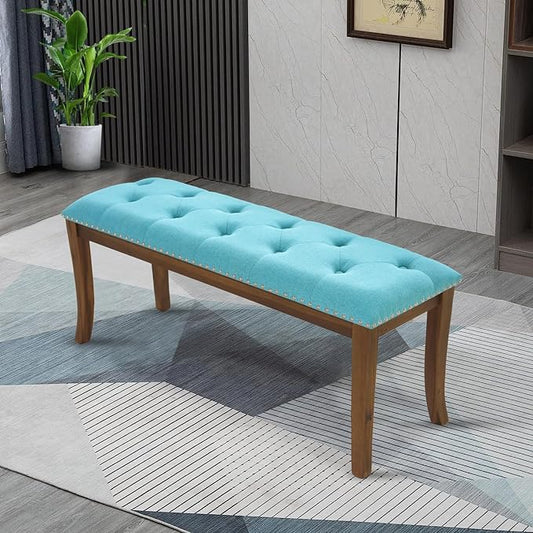 MFSTUDIO 44" Vintage Tufted Entryway Bench, Extra Large Memory Foam Upholstered Wood Ottoman Bench Dining Bench, Rectangle Tufted Fabric Bench for Living Room Hallway, Light Blue Cushion