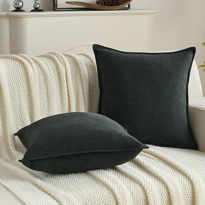 FUTEI Black Chenille Throw Pillow Covers 22x22 Inch Set of 2,Edges Double-Stitched Cushion Cases,Modern Home Decor for Couch Living Room