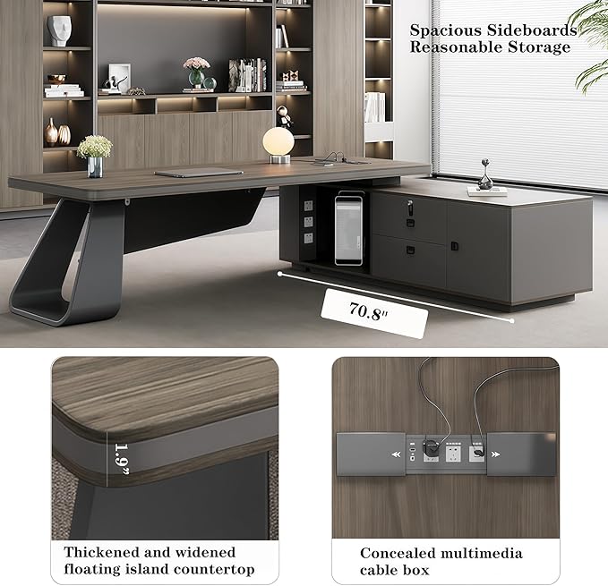 L Shaped Executive Desk, 94.5 inch Large Executive Computer Desk Set Drawers and Lockable, Power Socket and USB Port Storage, Without Display Racks and Bookshelves