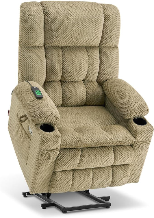 MCombo Dual Motor Large Power Lift Recliner Chair for Elderly, Lay Flat Lift Chair with Heat and Massage, Big Lift Recliner for Tall People, Cup Holders, Fabric 7896 (Beige, Large)