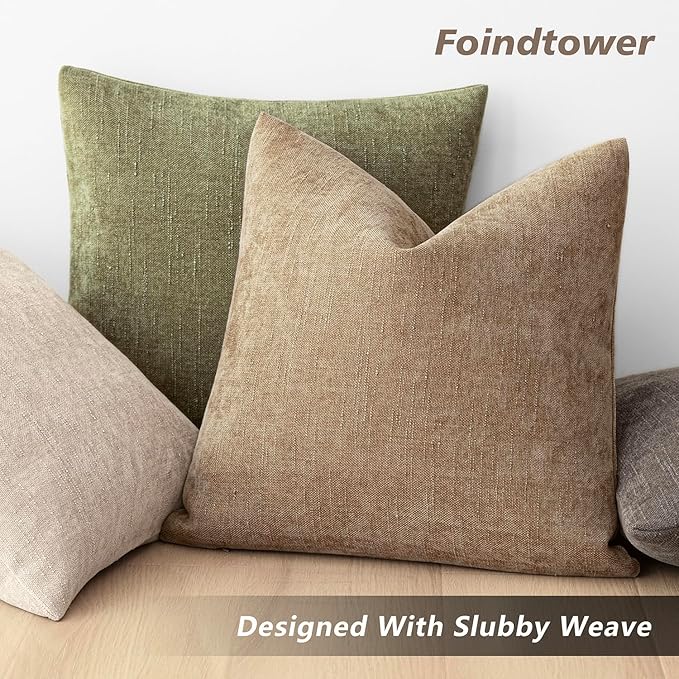 Foindtower Pack of 2 Textured Chenille Throw Decorative Pillow Covers Square Accent Solid Cushion Cover Neutral Farmhouse Pillow Case for Couch Sofa Bedroom Living Room 20x20 Inch,Taupe Khaki Camel
