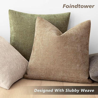 Foindtower Pack of 2 Textured Chenille Throw Decorative Pillow Covers Square Accent Solid Cushion Cover Neutral Farmhouse Pillow Case for Couch Sofa Bedroom Living Room 20x20 Inch,Taupe Khaki Camel