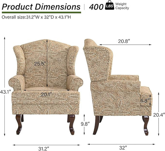 Accent Chair Set of 2, High Back Upholstered Armchair with High Resilience Sponge & Wood Legs, Mid-Century Modern Comfy Single Sofa Reading Chairs for Living Room, Bedroom-Floral Light Brown