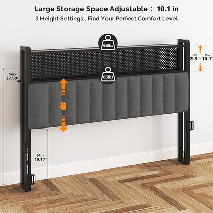 VINGLI Full Size Headboard Only, Adjustable Upholstered Headboard with 2 Tier Shelves and Pegboard with Charging Stations and LED Lights, Modern Bed Headboard with Storage for Bedroom Decor