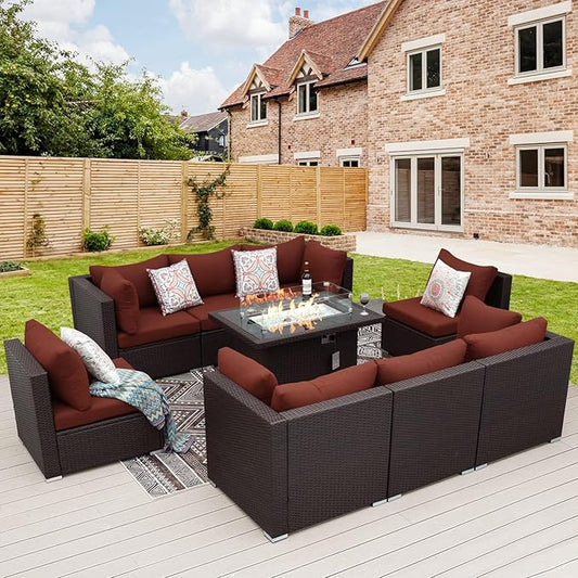 NICESOUL Modern 9 Pcs Patio Sectional Sofa Set with Fire Pit Natural Gas/Propane, Extra Large Outdoor Furniture Sets, 29.3'' High Back Deep Seats Conversations 8 Seater, Brown Rattan and Red Cushion