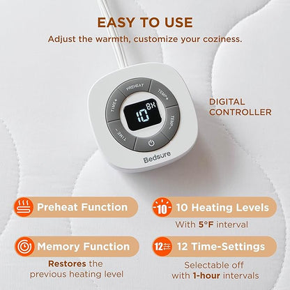 Bedsure Waterproof Heated Mattress Pad Full - Cotton Bed Warmer with Memory & Preheat Functions, 10 Heat Settings & 12 Hour Shut Off, Single Controller, Electric Mattress Pad Full, 54"x75"