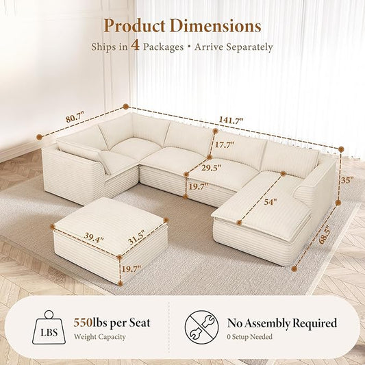Vesgantti 141.7" Oversized Sectional Boneless Couch, 7 Seater Modular Sofa with Chaise & Ottoman & Armrest, Deep Seat Plush Corduroy Cloud Couches for Living Room, No Assembly Required, Beige