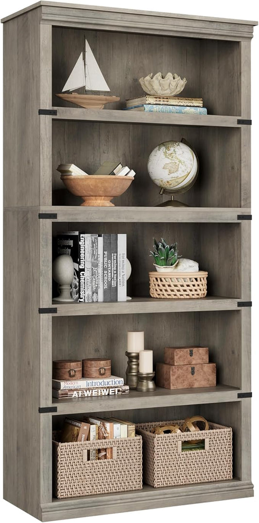 IDEALHOUSE 5 Tier Bookcase, Farmhouse Book Shelf with Storage Open Display Bookshelves, 67.4" Tall Book Case Wooden 5 Shelf Bookcase Home Decor Furniture for Home Office, Living Room, Bed Room - Grey