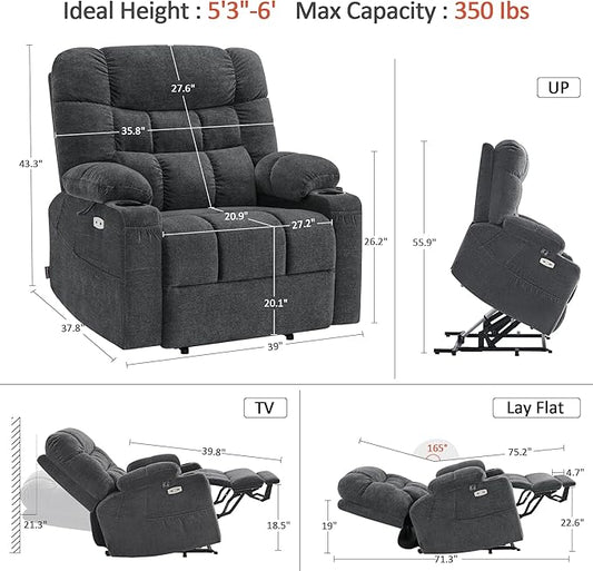 MCombo Dual Motor Power Lift Recliner Chair with Massage and Dual Heating for Elderly, Lay-Flat for Sleeping, Extra Wide for Big and Tall, Fabric R7070 (Dark Grey)